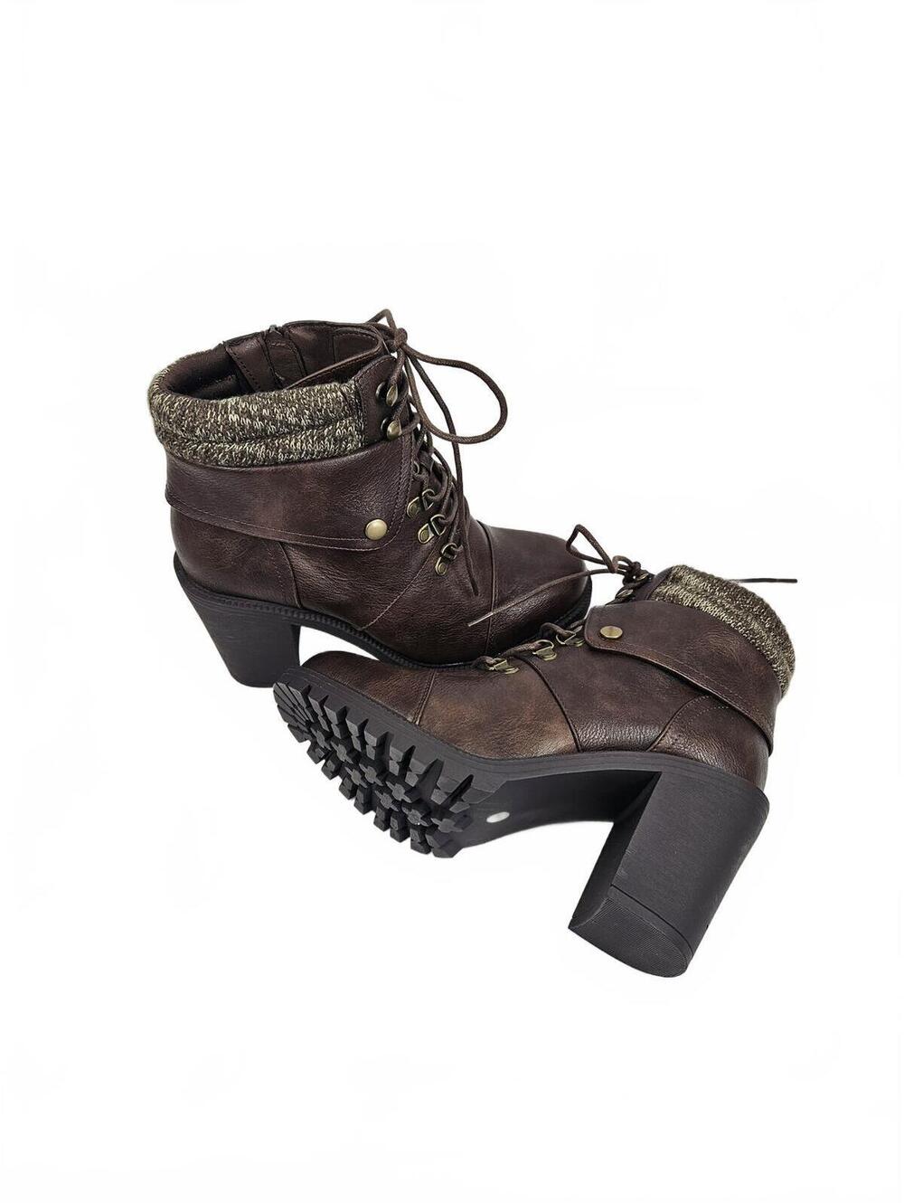 Luoika Women's Brown Leather Lace-Up Ankle Boots Chunky Heel Cuffed Knit Collar